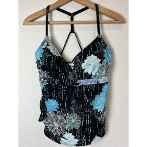 Title Nine Tankini Top Size 34D Black And Turquoise Floral With Underwire